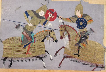 To krigere til hest i kamp, School of Tabriz, ca. 1480